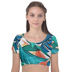 Leaves Tropical Exotic Velvet Short Sleeve Crop Top  by artworkshop