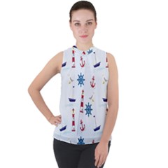 Lighthouse Sail Boat Seagull Mock Neck Chiffon Sleeveless Top by artworkshop