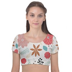 Nature Flora Velvet Short Sleeve Crop Top  by artworkshop