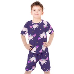 Fantasy-fat-unicorn-horse-pattern-fabric-design Kids  Tee And Shorts Set by Jancukart