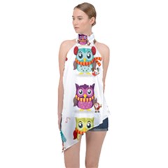 Cartoon-cute-owl-vector Halter Asymmetric Satin Top by Jancukart