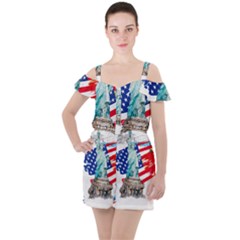 Statue Of Liberty Independence Day Poster Art Ruffle Cut Out Chiffon Playsuit by Jancukart