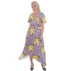 Corgi Pattern Cross Front Sharkbite Hem Maxi Dress by Sudhe