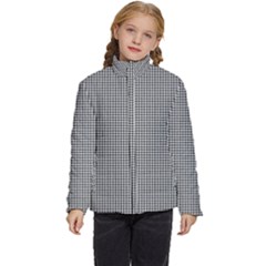 Soot Black And White Handpainted Houndstooth Check Watercolor Pattern Kids  Puffer Bubble Jacket Coat by PodArtist