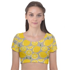 Lemon Pattern Velvet Short Sleeve Crop Top  by artworkshop