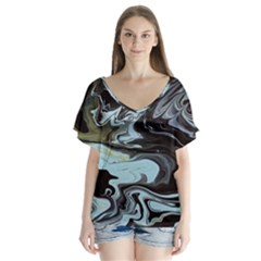 Abstract Painting Black V-neck Flutter Sleeve Top by nateshop