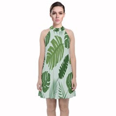 Leaves Velvet Halter Neckline Dress  by nateshop