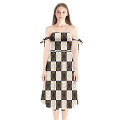 Illustration Checkered Pattern Decoration Shoulder Tie Bardot Midi Dress by Sapixe