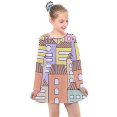 Houses City Architecture Building Kids  Long Sleeve Dress by Sapixe