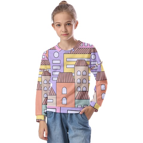 Houses City Architecture Building Kids  Long Sleeve Tee With Frill  by Sapixe