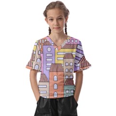 Houses City Architecture Building Kids  V-neck Horn Sleeve Blouse by Sapixe