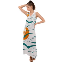 Sunset Glow Sun Bird V-neck Chiffon Maxi Dress by Sapixe