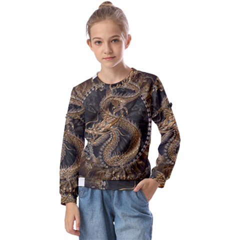 Dragon Pentagram Kids  Long Sleeve Tee With Frill  by Sapixe