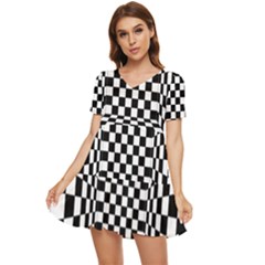 Black And White Chess Checkered Spatial 3d Tiered Short Sleeve Babydoll Dress by Sapixe