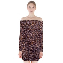 Coffee Beans Food Texture Long Sleeve Off Shoulder Dress by artworkshop