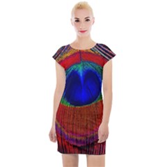 Red Peacock Plumage Fearher Bird Pattern Cap Sleeve Bodycon Dress by Wegoenart