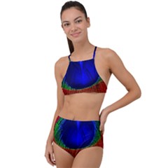 Red Peacock Plumage Fearher Bird Pattern High Waist Tankini Set by Wegoenart