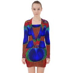 Red Peacock Plumage Fearher Bird Pattern V-neck Bodycon Long Sleeve Dress by Wegoenart