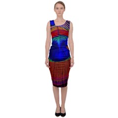 Red Peacock Plumage Fearher Bird Pattern Sleeveless Pencil Dress by Wegoenart