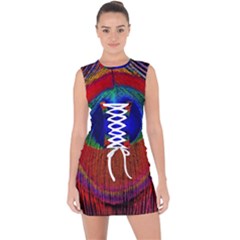 Red Peacock Plumage Fearher Bird Pattern Lace Up Front Bodycon Dress by Wegoenart