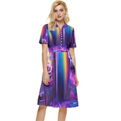 Purple Drawing Digital Art Button Top Knee Length Dress by Amaryn4rt