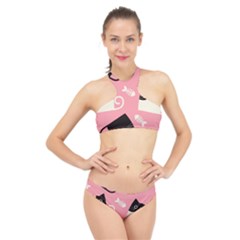 Cat Pattern Backgroundpet High Neck Bikini Set by Amaryn4rt