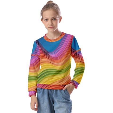  Rainbow Pattern Lines Kids  Long Sleeve Tee With Frill  by artworkshop