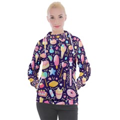 Cute-seamless-pattern-with-colorful-sweets-cakes-lollipops Women s Hooded Pullover by Wegoenart