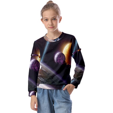 Planets In Space Kids  Long Sleeve Tee With Frill  by Sapixe