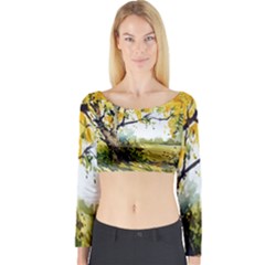 Landscape Painting Meadow Garden Long Sleeve Crop Top by Wegoenart