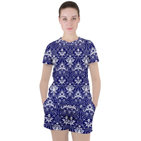 Blue Lace Decorative Ornament - Pattern 14th And 15th Century - Italy Vintage  Women s Tee And Shorts Set by ConteMonfrey