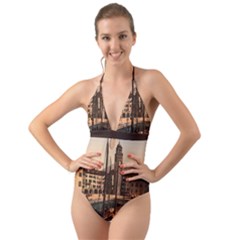 The Harbor, Riva, Lake Garda, Italy 1890-1900 2 Background Brown Halter Cut-out One Piece Swimsuit by ConteMonfrey