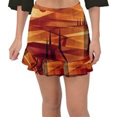 Illustration Golden Tuscany Brown Orange Fishtail Mini Chiffon Skirt by Wegoenart