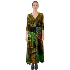 Chameleon Reptile Lizard Animal Button Up Boho Maxi Dress by Wegoenart