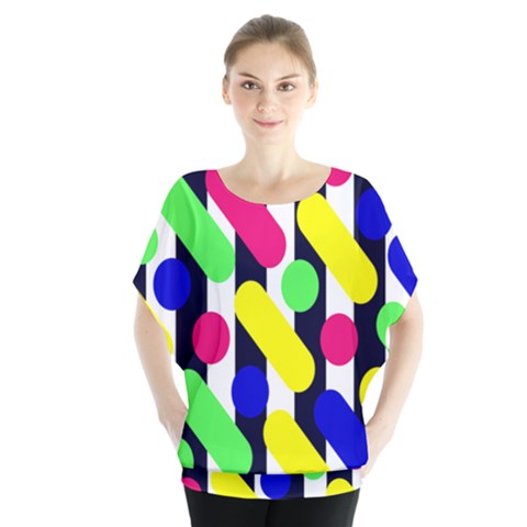 Illustration Geometric Form Circle Line Pattern Batwing Chiffon Blouse by Wegoenart