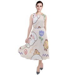 Chicken Dog Flower Sun Pattern Round Neck Boho Dress by Sudhe