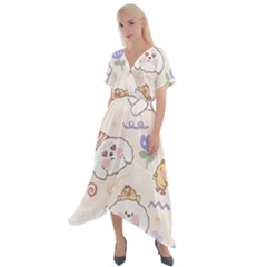 Chicken Dog Flower Sun Pattern Cross Front Sharkbite Hem Maxi Dress by Sudhe