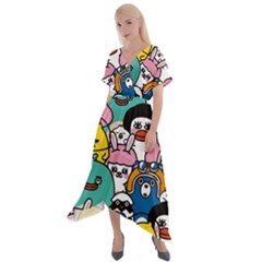 Illustration Animals Cartoon Background Pattern Cross Front Sharkbite Hem Maxi Dress by Sudhe