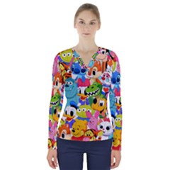 Illustration Cartoon Character Animal Cute V-neck Long Sleeve Top by Sudhe