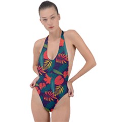 Leaves Pattern Wallpaper Seamless Backless Halter One Piece Swimsuit by Sudhe