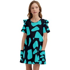 Neon Cow Dots Blue Turquoise And Black Kids  Frilly Sleeves Pocket Dress by ConteMonfrey