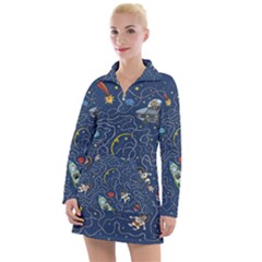 Illustration Cat Space Astronaut Rocket Maze Women s Long Sleeve Casual Dress by Ravend