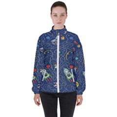 Illustration Cat Space Astronaut Rocket Maze Women s High Neck Windbreaker by Ravend