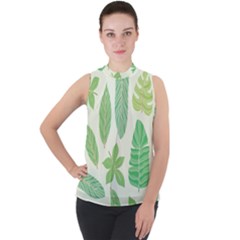 Watercolor Banana Leaves  Mock Neck Chiffon Sleeveless Top by ConteMonfrey