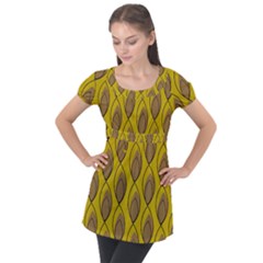 Yellow Brown Minimalist Leaves  Puff Sleeve Tunic Top by ConteMonfrey