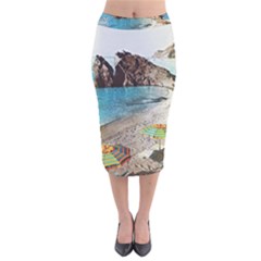 Beach Day At Cinque Terre, Colorful Italy Vintage Velvet Midi Pencil Skirt by ConteMonfrey