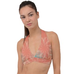 Teal Coral Abstract Floral Cream Halter Plunge Bikini Top by danenraven