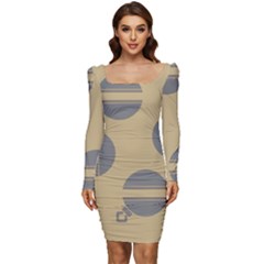 Gray Stripe Ornaments Brown Women Long Sleeve Ruched Stretch Jersey Dress by TetiBright