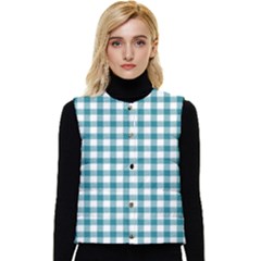 Straight Blue White Small Plaids Women s Short Button Up Puffer Vest by ConteMonfrey