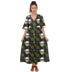 Green Roses And Skull - Romantic Halloween   Kimono Sleeve Boho Dress by ConteMonfrey